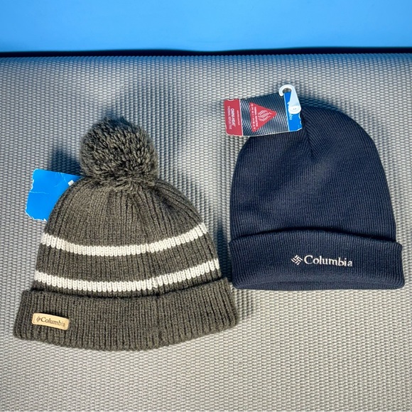 LOT 2 Columbia YOUTH Cuffed Knit Beanies NEW Navy Blue Gray Fleece Omni-Heat - Picture 1 of 6